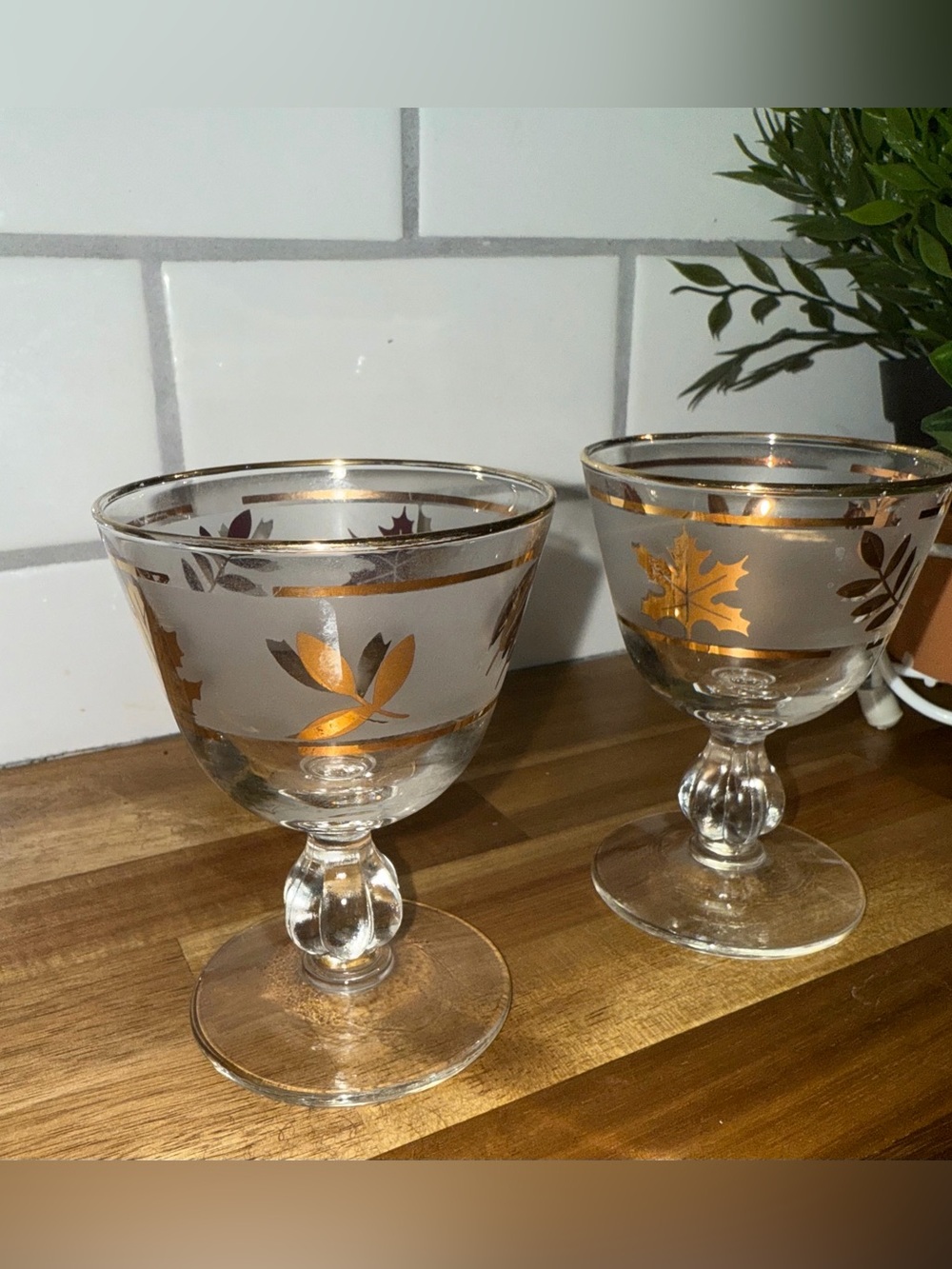 Set of 2 Vintage Libbey Golden Foliage Frosted Wine Glasses